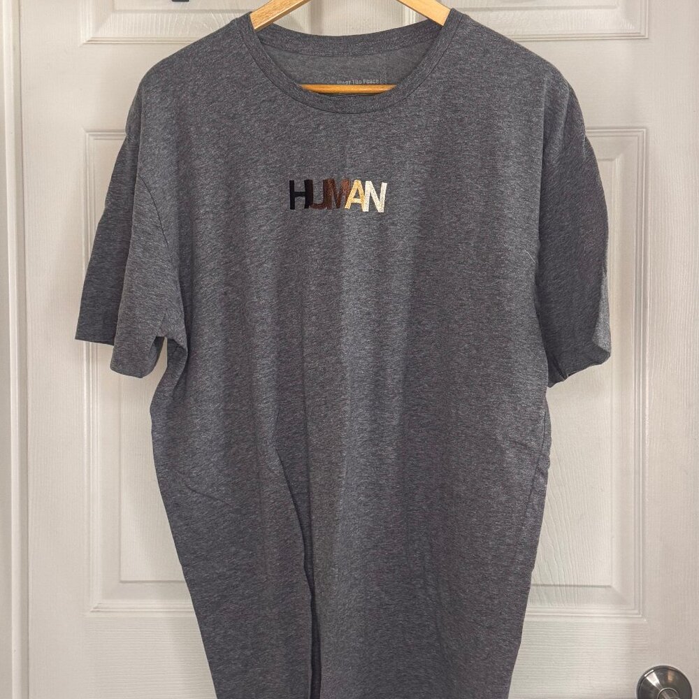 Men's Medium Grey T-shirt w/ HUMAN in Varying Shades of Brown & Cream, XL
